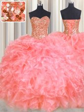 Colorful Watermelon Red Lace Up Halter Top Beading and Ruffles Vestidos de Quinceanera Organza Sleeveless