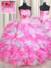 Pink And White Ball Gowns Beading and Ruffles and Hand Made Flower Quinceanera Dress Lace Up Organza Sleeveless Floor Length