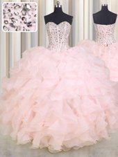 Discount Beading and Ruffles Sweet 16 Dresses Baby Pink Lace Up Sleeveless Floor Length