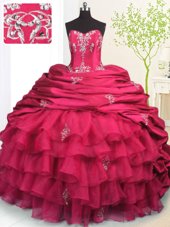 Smart Rose Pink Sweet 16 Dresses Military Ball and Sweet 16 and Quinceanera and For with Beading and Appliques and Ruffled Layers and Pick Ups Strapless Sleeveless Brush Train Lace Up