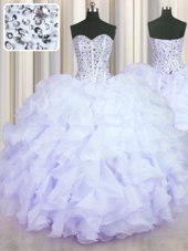 Floor Length Lavender 15 Quinceanera Dress Organza Sleeveless Beading and Ruffles