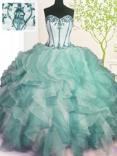 Sleeveless Organza Floor Length Lace Up 15 Quinceanera Dress in Green for with Beading and Ruffles