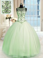 Eye-catching Apple Green Ball Gowns Tulle Scoop Sleeveless Beading Floor Length Lace Up Sweet 16 Dress