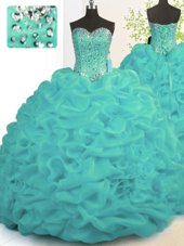 Attractive Turquoise Organza Lace Up Sweet 16 Dresses Sleeveless With Brush Train Beading and Ruffles