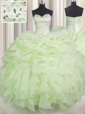 Yellow Green Sweet 16 Dress Military Ball and Sweet 16 and Quinceanera and For with Beading and Ruffles Sweetheart Sleeveless Lace Up