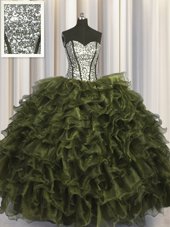 Dramatic Visible Boning Olive Green Ball Gowns Organza and Sequined Sweetheart Sleeveless Ruffles and Sequins Floor Length Lace Up Quinceanera Gown