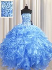 Simple Visible Boning Baby Blue Ball Gowns Strapless Sleeveless Organza Floor Length Lace Up Beading and Ruffles 15 Quinceanera Dress