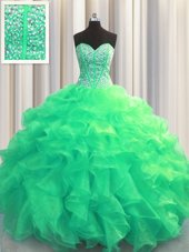 Blue Lace Up Sweetheart Beading and Ruffles Quinceanera Gown Organza Sleeveless