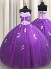 Customized Sweetheart Sleeveless Lace Up 15th Birthday Dress Purple Tulle