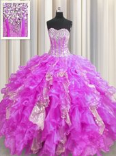 Hot Selling Visible Boning Lilac Organza and Sequined Lace Up Sweetheart Sleeveless Floor Length Sweet 16 Dresses Beading and Ruffles and Sequins