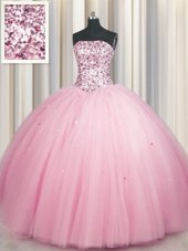Big Puffy Sleeveless Tulle Floor Length Lace Up Quinceanera Gowns in Pink for with Sequins