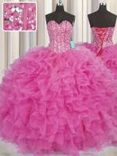 Lovely Visible Boning Organza and Sequined Sweetheart Sleeveless Lace Up Ruffles and Sequins Vestidos de Quinceanera in Purple