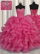 Luxurious Sweetheart Sleeveless Organza Quinceanera Dress Beading and Ruffles Lace Up