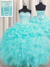 Visible Boning Baby Blue Sleeveless Beading and Ruffles and Pick Ups Floor Length Vestidos de Quinceanera