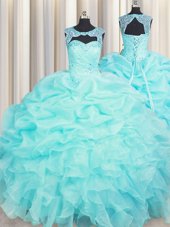 Extravagant Sweetheart Sleeveless Quinceanera Dress Floor Length Beading and Ruffles Blue Organza