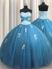 Floor Length Teal Sweet 16 Dress Tulle Sleeveless Beading and Appliques