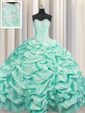 Popular Pick Ups Brush Train Apple Green Sleeveless Taffeta Lace Up 15th Birthday Dress for Military Ball and Sweet 16 and Quinceanera