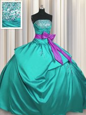 Floor Length Turquoise Quinceanera Gown Taffeta Sleeveless Beading and Ruching and Bowknot
