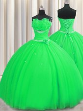 Customized Handcrafted Flower Green Sleeveless Floor Length Beading and Sequins and Hand Made Flower Lace Up Sweet 16 Quinceanera Dress