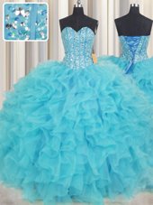Customized Baby Blue Sleeveless Organza Lace Up Quinceanera Dress for Military Ball and Sweet 16 and Quinceanera