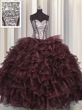 Custom Fit Sequins Visible Boning Brown Sleeveless Organza and Sequined Lace Up Sweet 16 Quinceanera Dress for Military Ball and Sweet 16 and Quinceanera