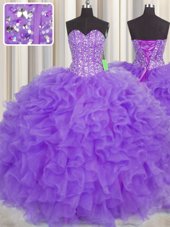 Visible Boning Sweetheart Sleeveless Lace Up Quinceanera Gown Purple Organza