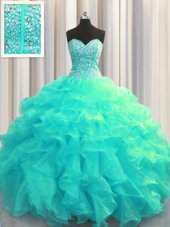 Pick Ups Aqua Blue Sleeveless Taffeta Sweep Train Lace Up Quinceanera Gown for Military Ball and Sweet 16 and Quinceanera