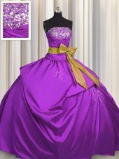 Cheap Purple Ball Gowns Satin Strapless Sleeveless Beading and Bowknot Floor Length Lace Up Quinceanera Gowns