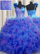 One Shoulder Handcrafted Flower Floor Length Lace Up Sweet 16 Dresses Multi-color and In for Military Ball and Sweet 16 and Quinceanera with Beading and Ruffles and Hand Made Flower