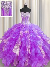 Artistic Sequins Visible Boning Floor Length Ball Gowns Sleeveless Lavender Quinceanera Dresses Lace Up