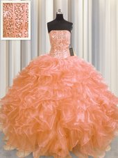Visible Boning Orange Strapless Lace Up Beading and Ruffles Quinceanera Gown Sleeveless