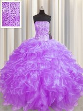 Visible Boning Ball Gowns Quince Ball Gowns Lilac Strapless Organza Sleeveless Floor Length Lace Up