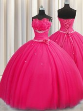 Glittering Handcrafted Flower Tulle Sleeveless Floor Length 15th Birthday Dress and Beading and Sequins and Hand Made Flower