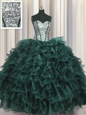 Dynamic Visible Boning Sleeveless Organza and Sequined Floor Length Lace Up Vestidos de Quinceanera in Peacock Green for with Ruffles and Sequins