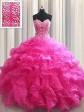 Romantic Visible Boning Purple Ball Gowns Sweetheart Sleeveless Organza Floor Length Lace Up Beading and Ruffles and Sashes|ribbons Vestidos de Quinceanera