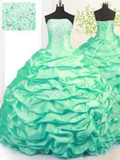 Elegant Pick Ups Turquoise Sleeveless Taffeta Sweep Train Side Zipper 15 Quinceanera Dress for Military Ball and Sweet 16 and Quinceanera