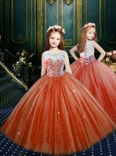 Glamorous Clasp Handle Scoop Sleeveless Toddler Flower Girl Dress Floor Length Appliques Orange Red Tulle