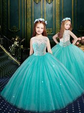 Pretty Blue Tulle Clasp Handle Scoop Sleeveless Floor Length Teens Party Dress Appliques