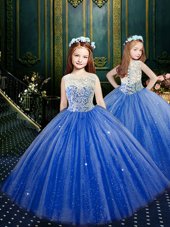 Traditional Blue Ball Gowns Scoop Sleeveless Tulle Floor Length Clasp Handle Appliques Flower Girl Dresses