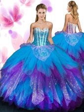 Royal Blue Ball Gowns Tulle Sweetheart Sleeveless Beading With Train Lace Up Quinceanera Gown Brush Train
