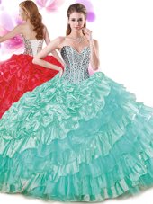 Simple Turquoise Sleeveless Beading and Ruffled Layers and Pick Ups Floor Length Sweet 16 Dresses