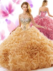 Champagne Sleeveless Organza Court Train Lace Up Quince Ball Gowns for Military Ball and Sweet 16 and Quinceanera