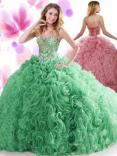 Suitable Turquoise Organza and Fabric With Rolling Flowers Lace Up Sweet 16 Dresses Sleeveless Sweep Train Beading and Ruffles