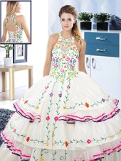 Popular Ruffled Ball Gowns Quinceanera Dresses White Halter Top Organza and Taffeta Sleeveless Floor Length Lace Up