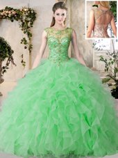 Luxury Green Ball Gowns Scoop Sleeveless Organza Floor Length Lace Up Beading and Ruffles 15 Quinceanera Dress