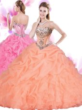 Pretty Sleeveless Tulle Floor Length Lace Up Quinceanera Gowns in Orange Red for with Beading and Ruffles