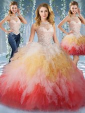 Adorable Multi-color Halter Top Lace Up Beading and Ruffles Quinceanera Dress Sleeveless