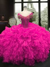 Stunning Beading and Ruffles Quince Ball Gowns Fuchsia Lace Up Cap Sleeves Floor Length