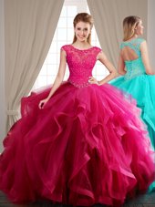 Pretty Scoop Hot Pink Cap Sleeves Tulle Brush Train Lace Up Quince Ball Gowns for Military Ball and Sweet 16 and Quinceanera