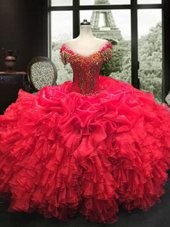 Top Selling Sweetheart Cap Sleeves Organza Quinceanera Dresses Beading and Ruffles Lace Up